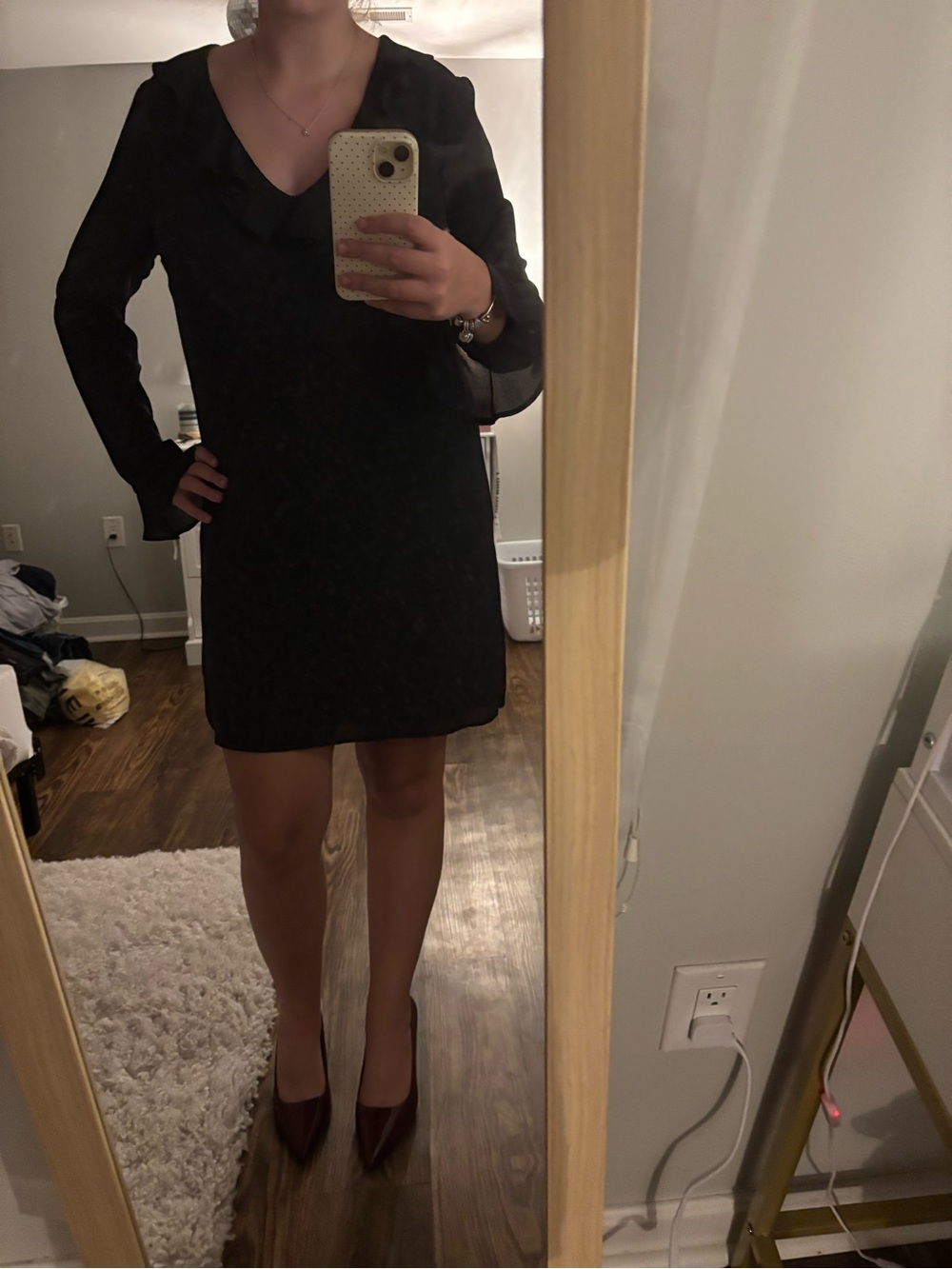 Charles Henry Black Ruffle-Neck Long Sleeve Dress